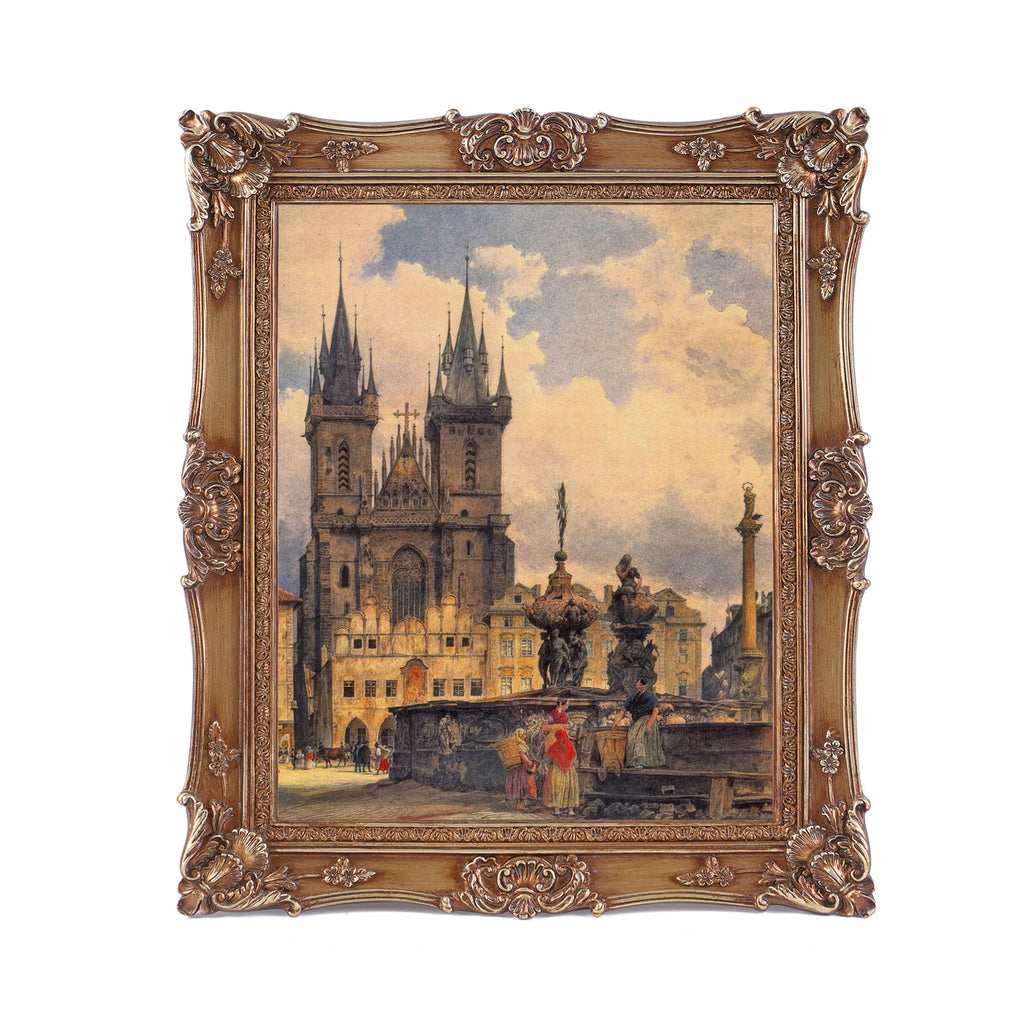 SIKOO Ornate Baroque Scroll-Carved Vintage Frame with Castle Oil Painting
