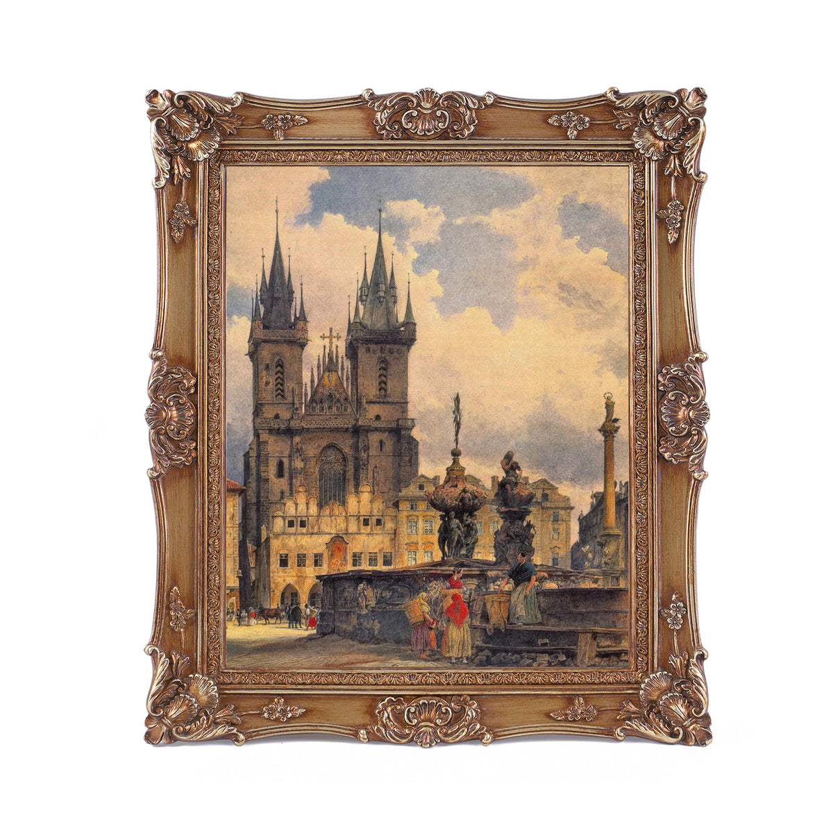 SIKOO Ornate Baroque Scroll-Carved Vintage Frame with Castle Oil Painting