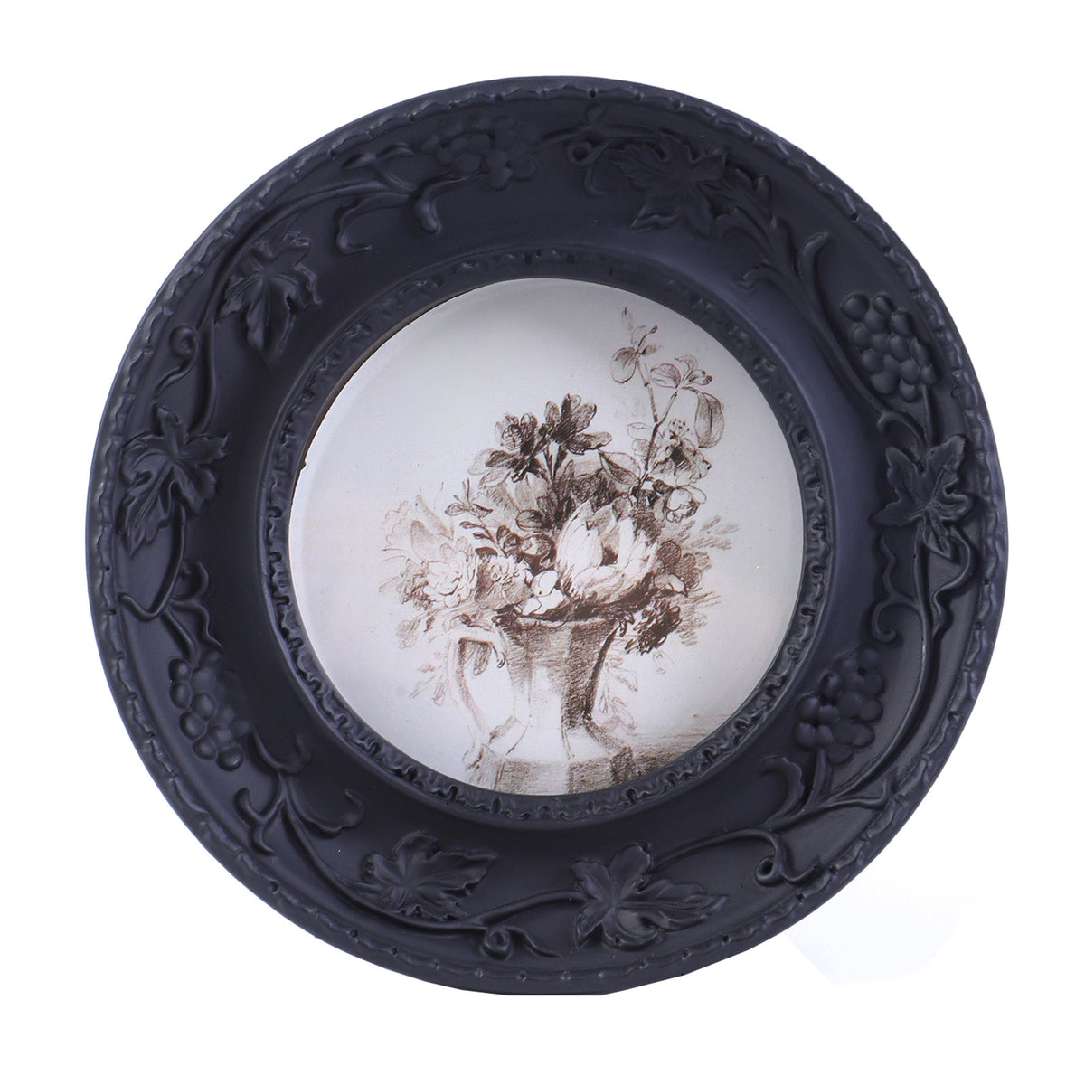 SIKOO Vintage Round Grape Leaf-Carved  Frame with Antique Floral Sketch Art