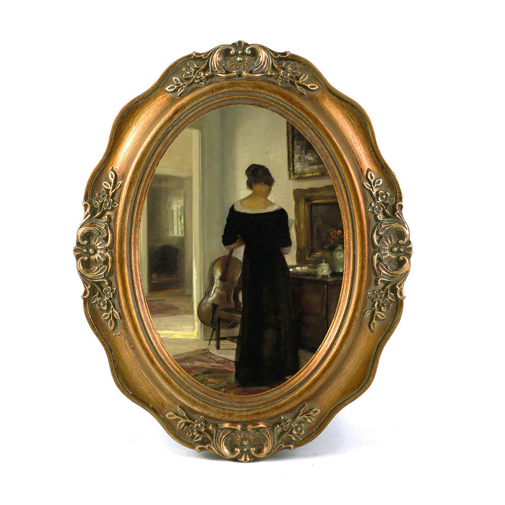 SIKOO Vintage Wavy Oval Floral-Carved Frame with Cello Lady Oil Painting Print