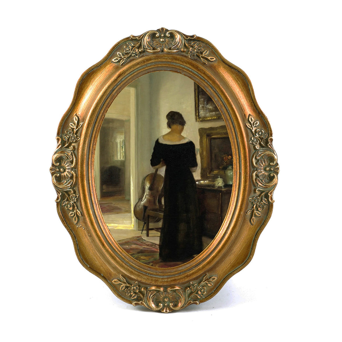 SIKOO Vintage Wavy Oval Floral-Carved Frame with Cello Lady Oil Painting Print