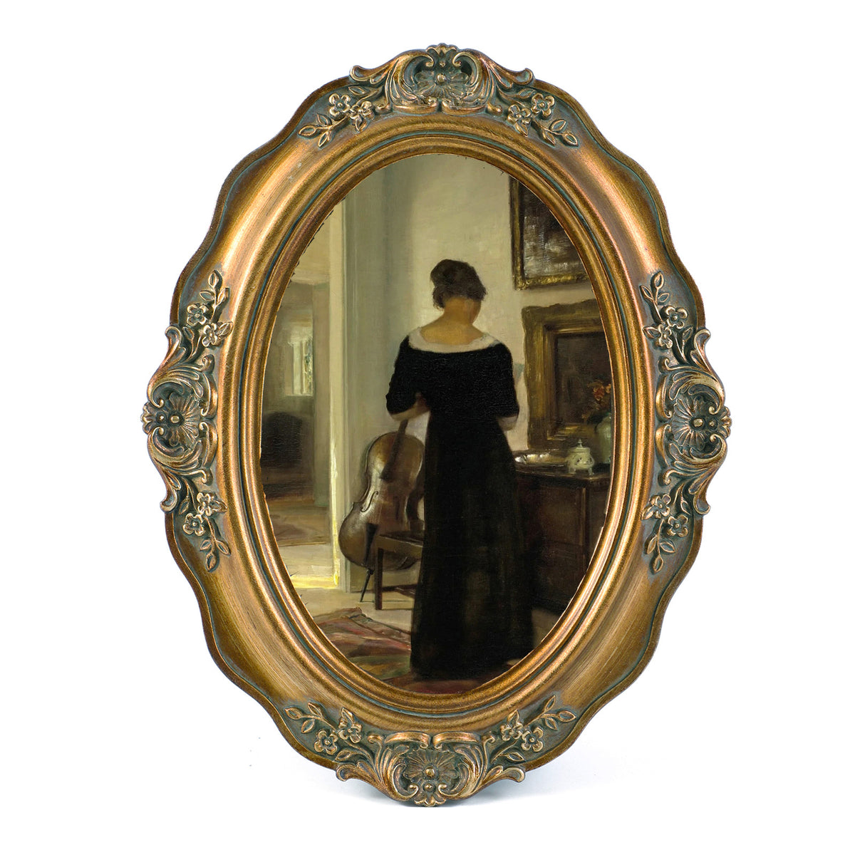 SIKOO Vintage Wavy Oval Floral-Carved Frame with Cello Lady Oil Painting Print