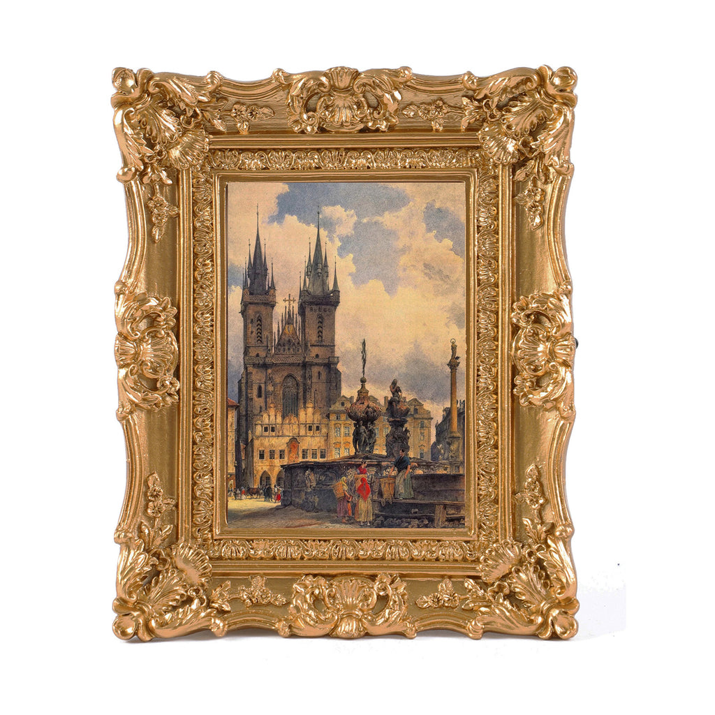 SIKOO Ornate Baroque Scroll-Carved Vintage Frame with Castle Oil Painting