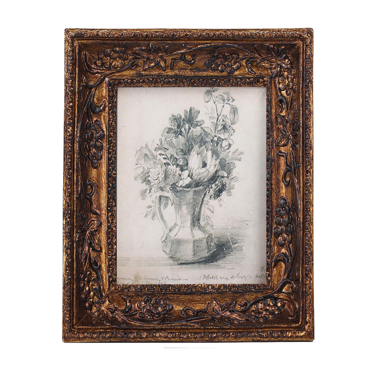 SIKOO Vintage Round Grape Leaf-Carved  Frame with Antique Floral Sketch Art