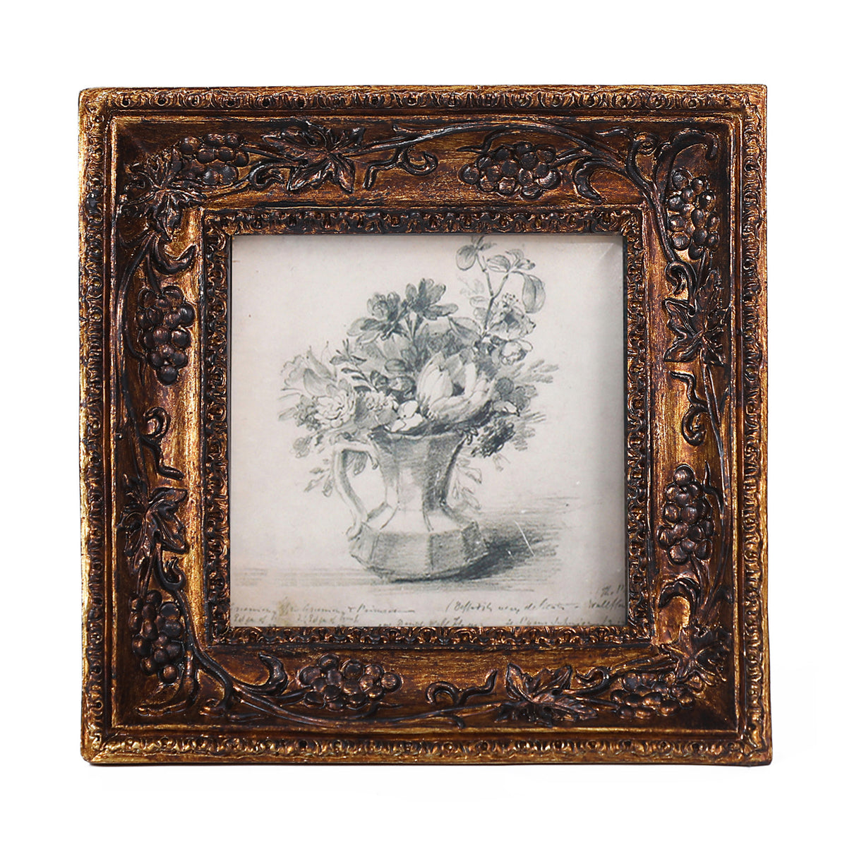 SIKOO Vintage Round Grape Leaf-Carved  Frame with Antique Floral Sketch Art