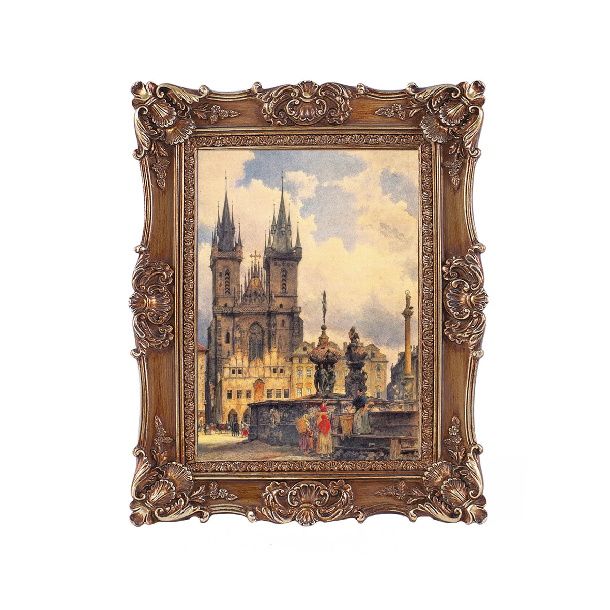 SIKOO Ornate Baroque Scroll-Carved Vintage Frame with Castle Oil Painting