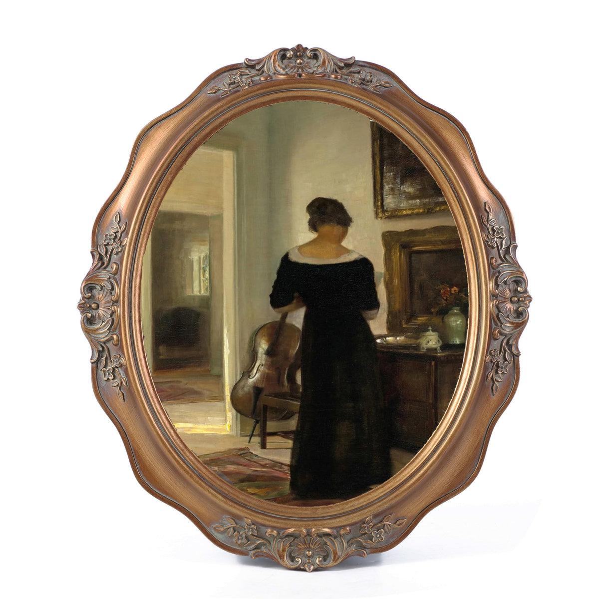 SIKOO Vintage Wavy Oval Floral-Carved Frame with Cello Lady Oil Painting Print