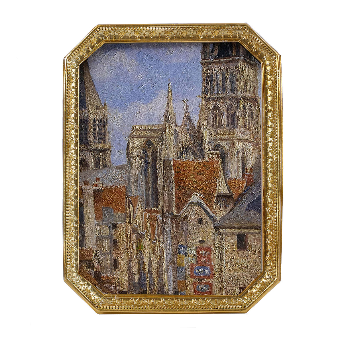 SIKOO Vintage Floral-Carved Octagon Frame with Old Architectural oil painting