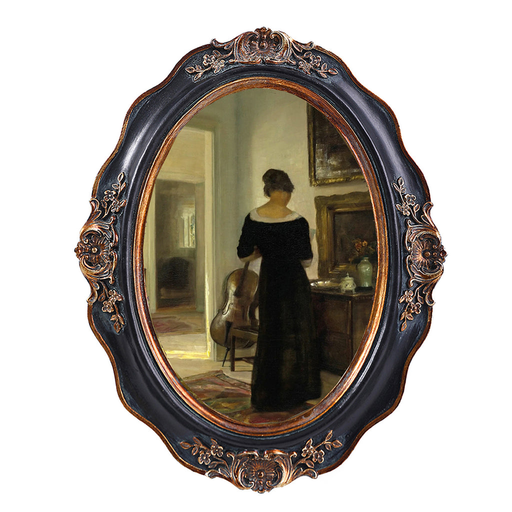 SIKOO Vintage Wavy Oval Floral-Carved Frame with Cello Lady Oil Painting Print