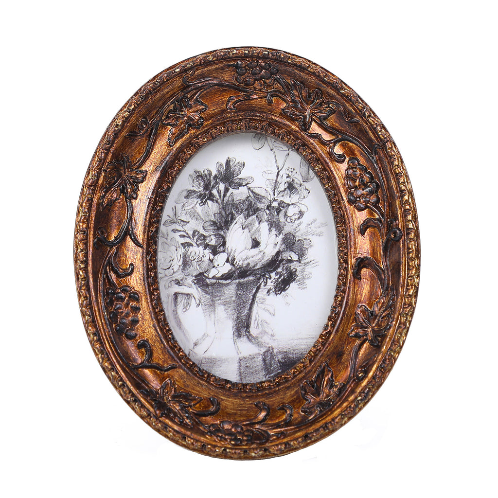 SIKOO Vintage Round Grape Leaf-Carved  Frame with Antique Floral Sketch Art