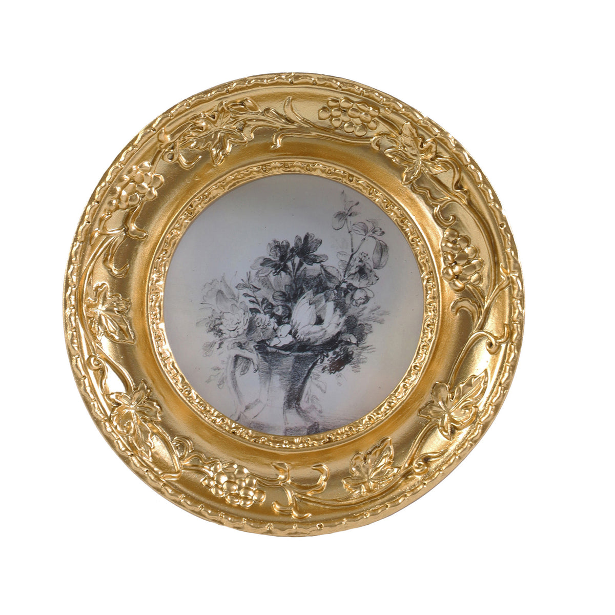 SIKOO Vintage Round Grape Leaf-Carved  Frame with Antique Floral Sketch Art