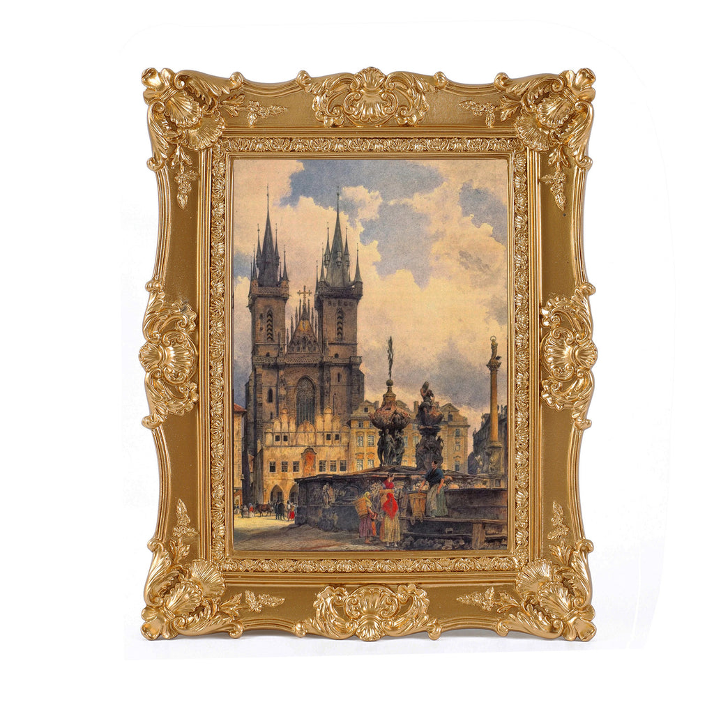 SIKOO Ornate Baroque Scroll-Carved Vintage Frame with Castle Oil Painting