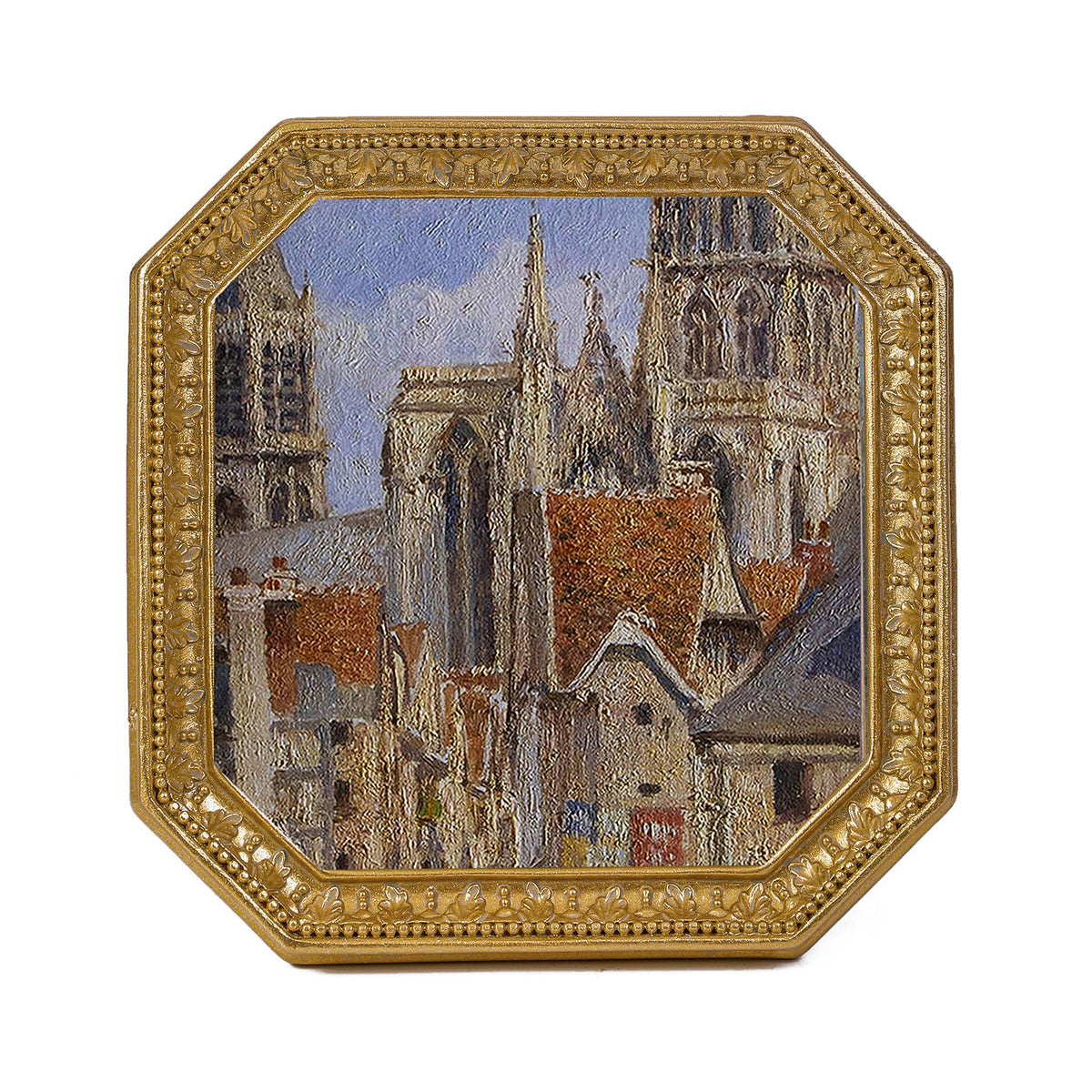 SIKOO Vintage Floral-Carved Octagon Frame with Old Architectural oil painting