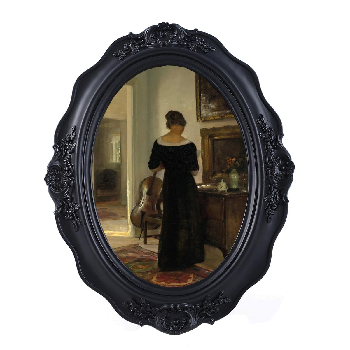 SIKOO Vintage Wavy Oval Floral-Carved Frame with Cello Lady Oil Painting Print