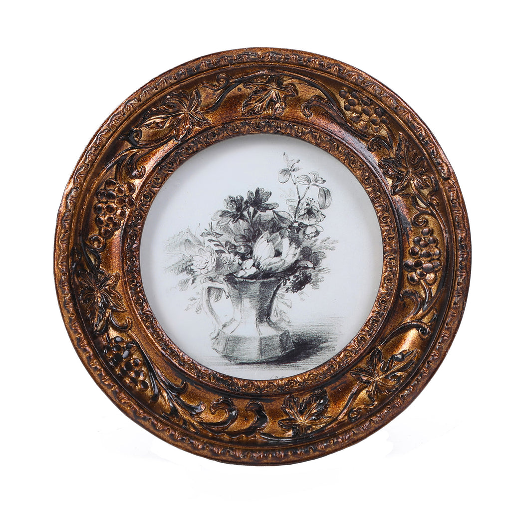 SIKOO Vintage Round Grape Leaf-Carved  Frame with Antique Floral Sketch Art