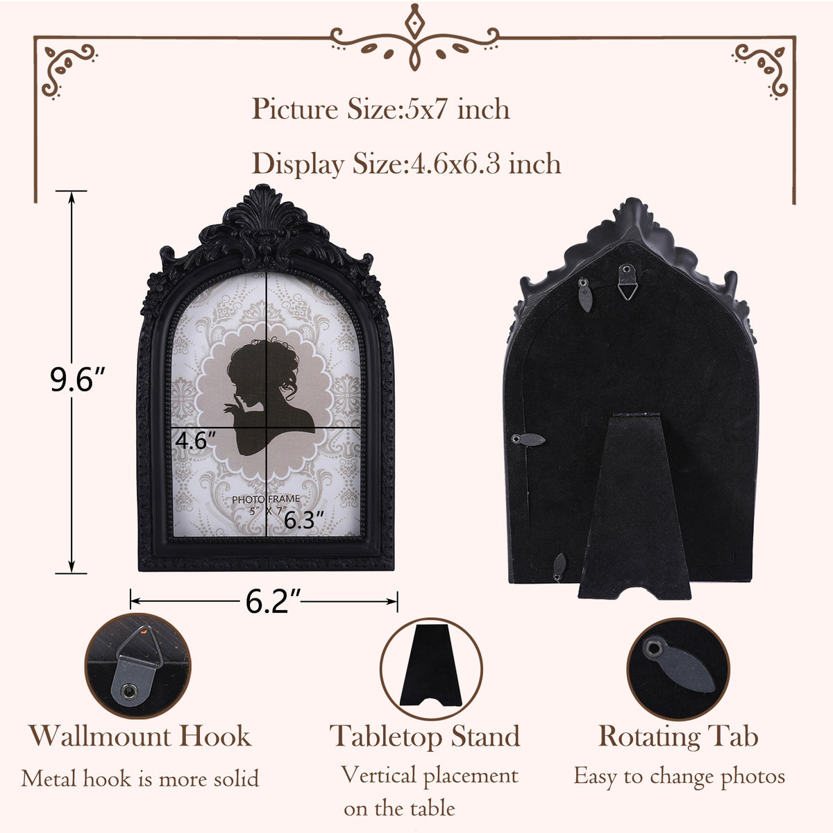 SIKOO Antique Distressed Ornate Floral Arch Picture Frame