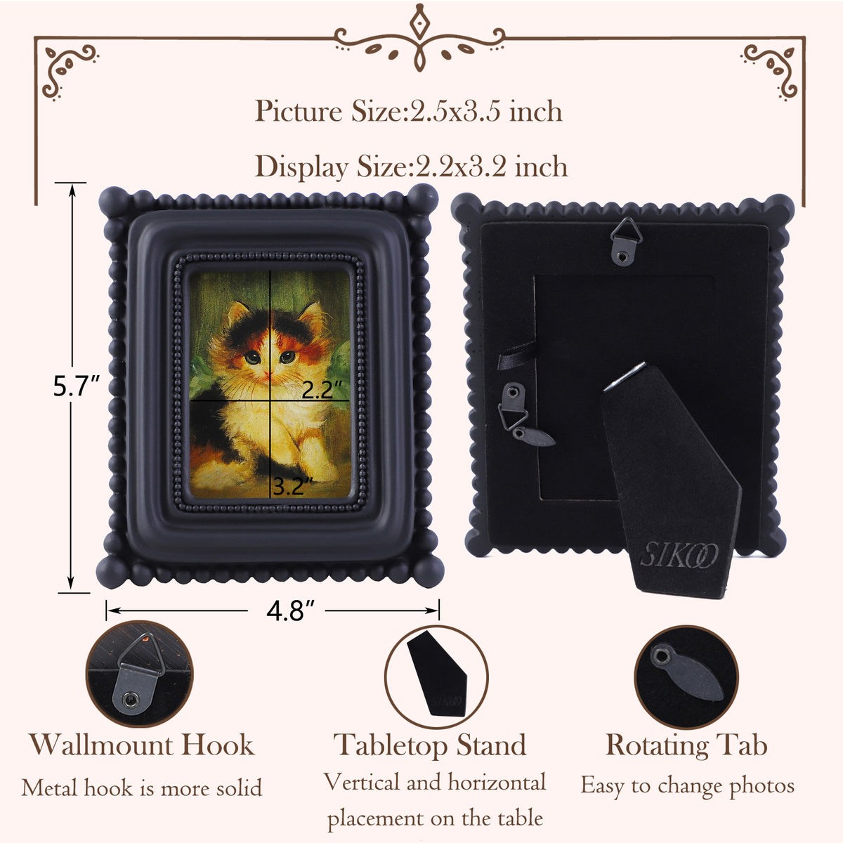 SIKOO Vintage Beaded Mini Picture Frame with Cat Artwork