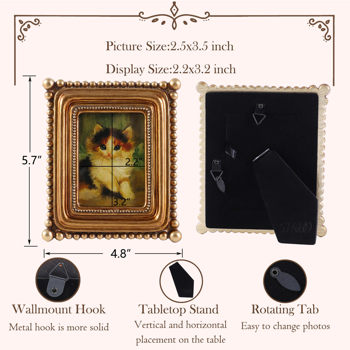 SIKOO Vintage Beaded Mini Picture Frame with Cat Artwork
