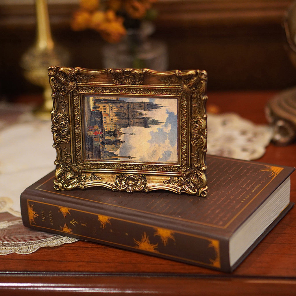 SIKOO Ornate Baroque Scroll-Carved Vintage Frame with Castle Oil Painting