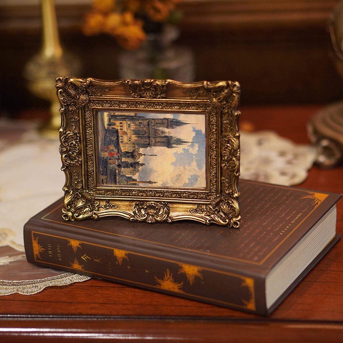 SIKOO Ornate Baroque Scroll-Carved Vintage Frame with Castle Oil Painting