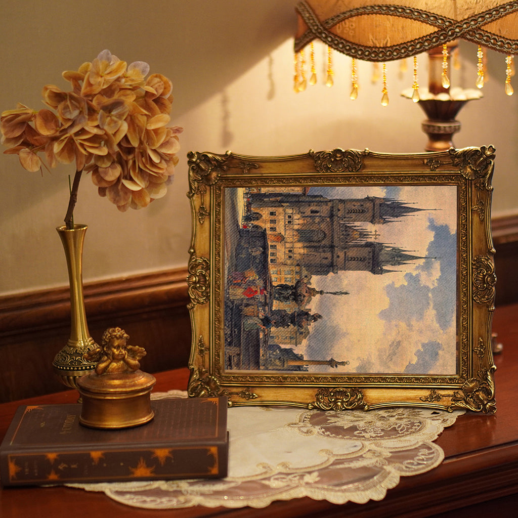 SIKOO Ornate Baroque Scroll-Carved Vintage Frame with Castle Oil Painting