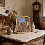 SIKOO Vintage Floral-Carved Octagon Frame with Old Architectural oil painting