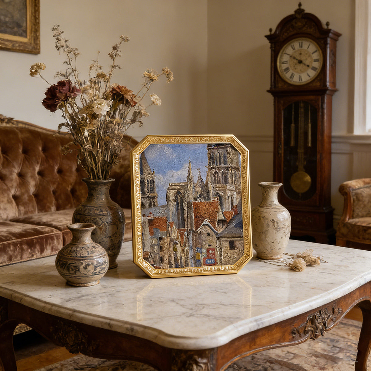 SIKOO Vintage Floral-Carved Octagon Frame with Old Architectural oil painting