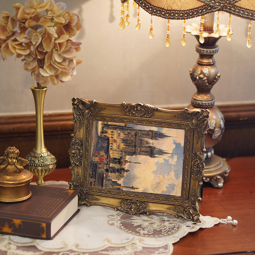 SIKOO Ornate Baroque Scroll-Carved Vintage Frame with Castle Oil Painting