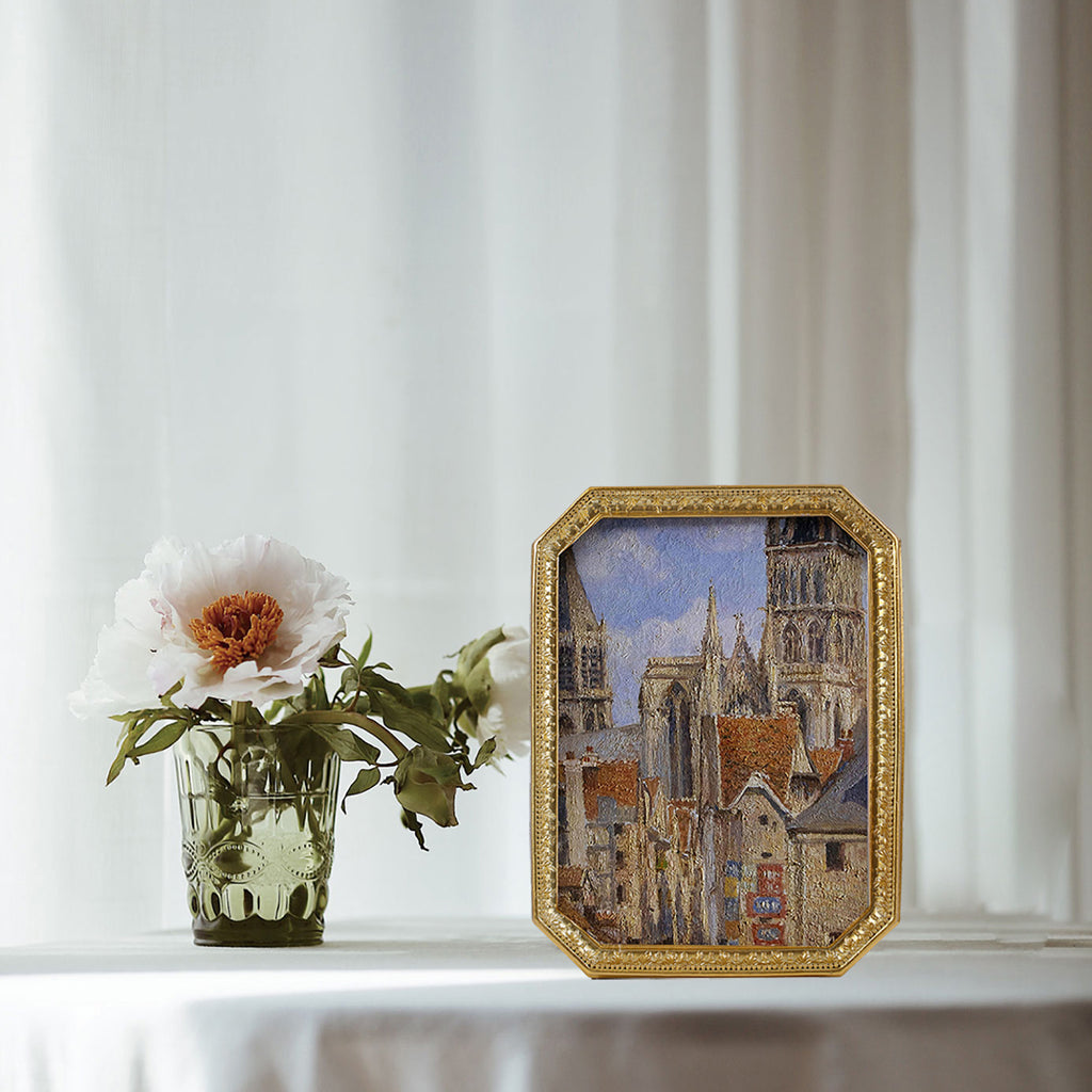 SIKOO Vintage Floral-Carved Octagon Frame with Old Architectural oil painting