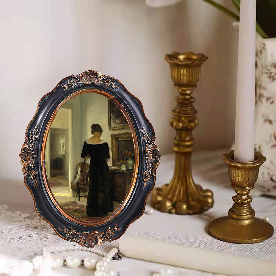 SIKOO Vintage Wavy Oval Floral-Carved Frame with Cello Lady Oil Painting Print