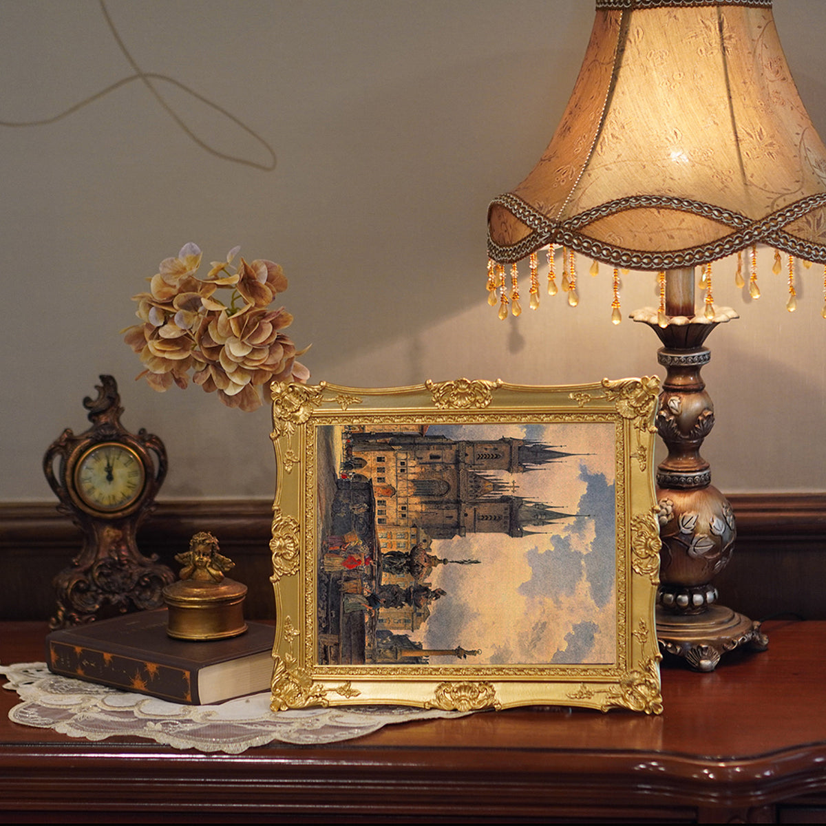 SIKOO Ornate Baroque Scroll-Carved Vintage Frame with Castle Oil Painting