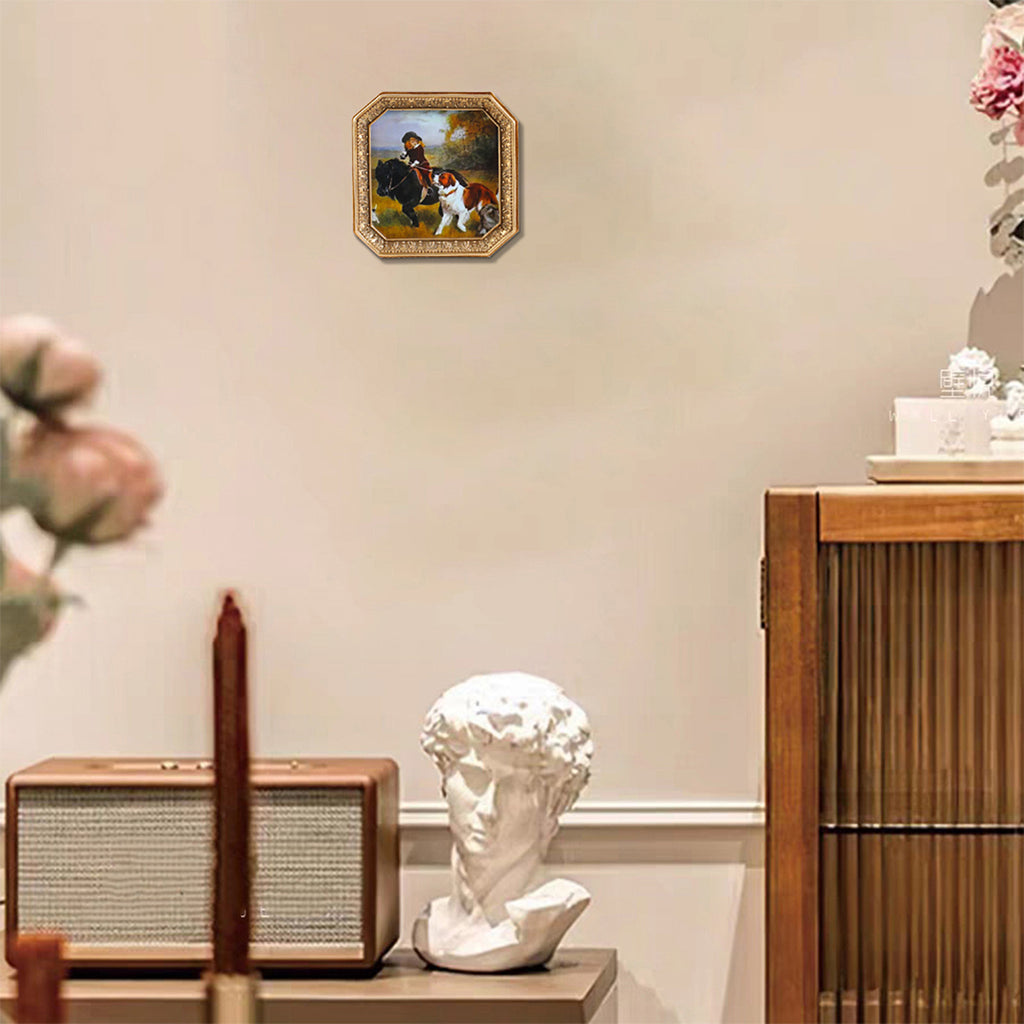 SIKOO Vintage Floral-Carved Octagon Frame with Old Architectural oil painting
