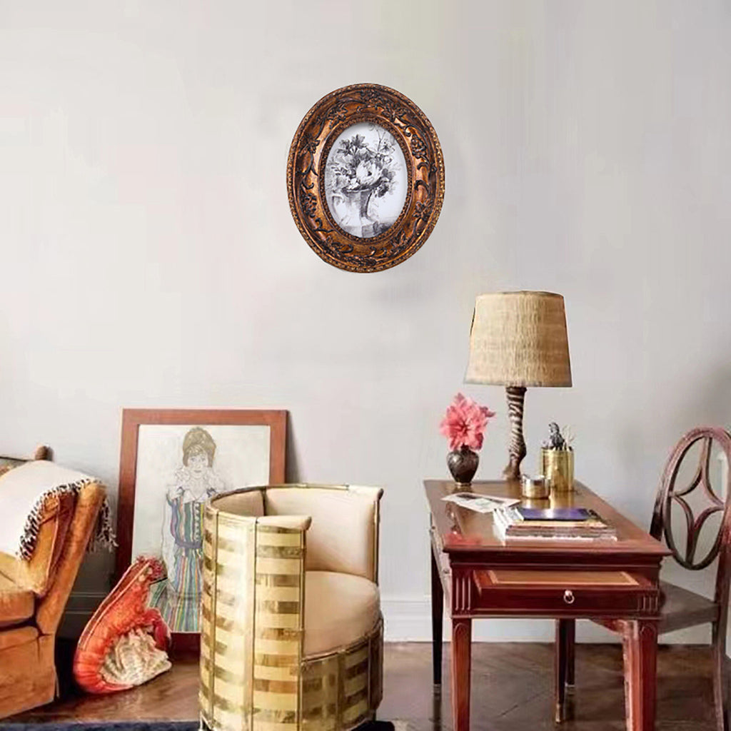 SIKOO Vintage Round Grape Leaf-Carved  Frame with Antique Floral Sketch Art