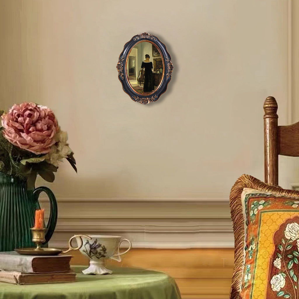 SIKOO Vintage Wavy Oval Floral-Carved Frame with Cello Lady Oil Painting Print