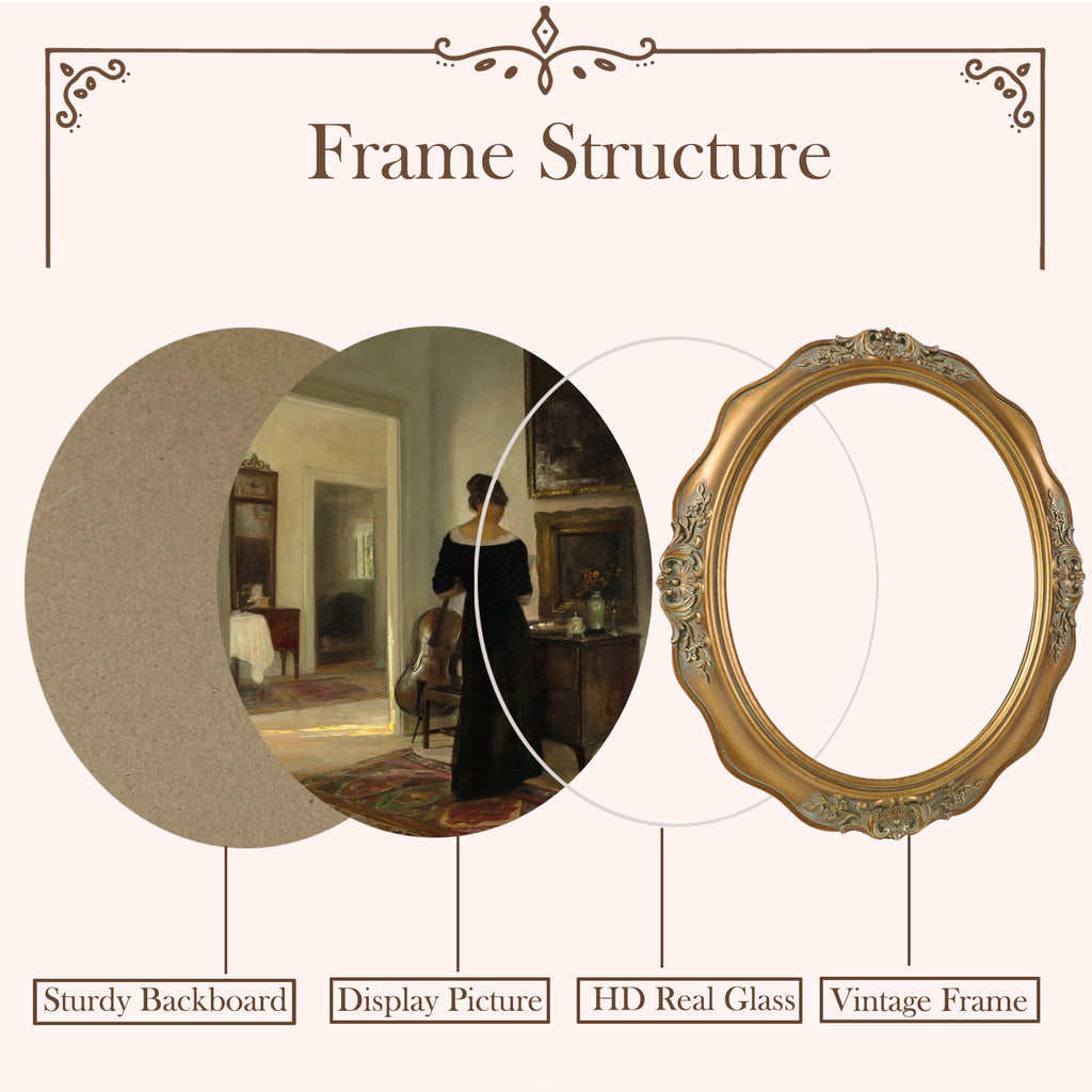 SIKOO Vintage Wavy Oval Floral-Carved Frame with Cello Lady Oil Painting Print