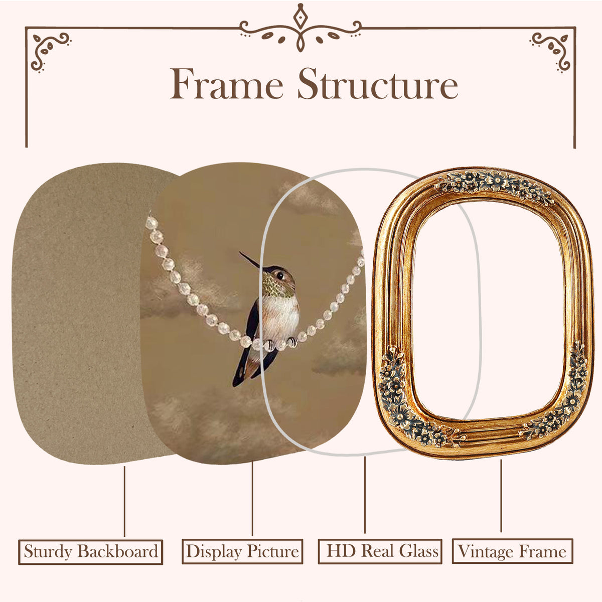 SIKOO Vintage Floral-Carved Arched Frame with Oil Painting