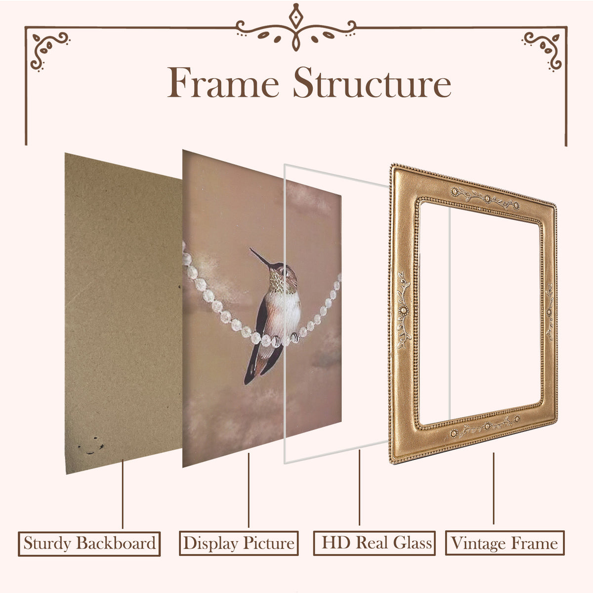 SIKOO Vintage Leaf Scroll-Carved Picture Frame with Hummingbird Art Print