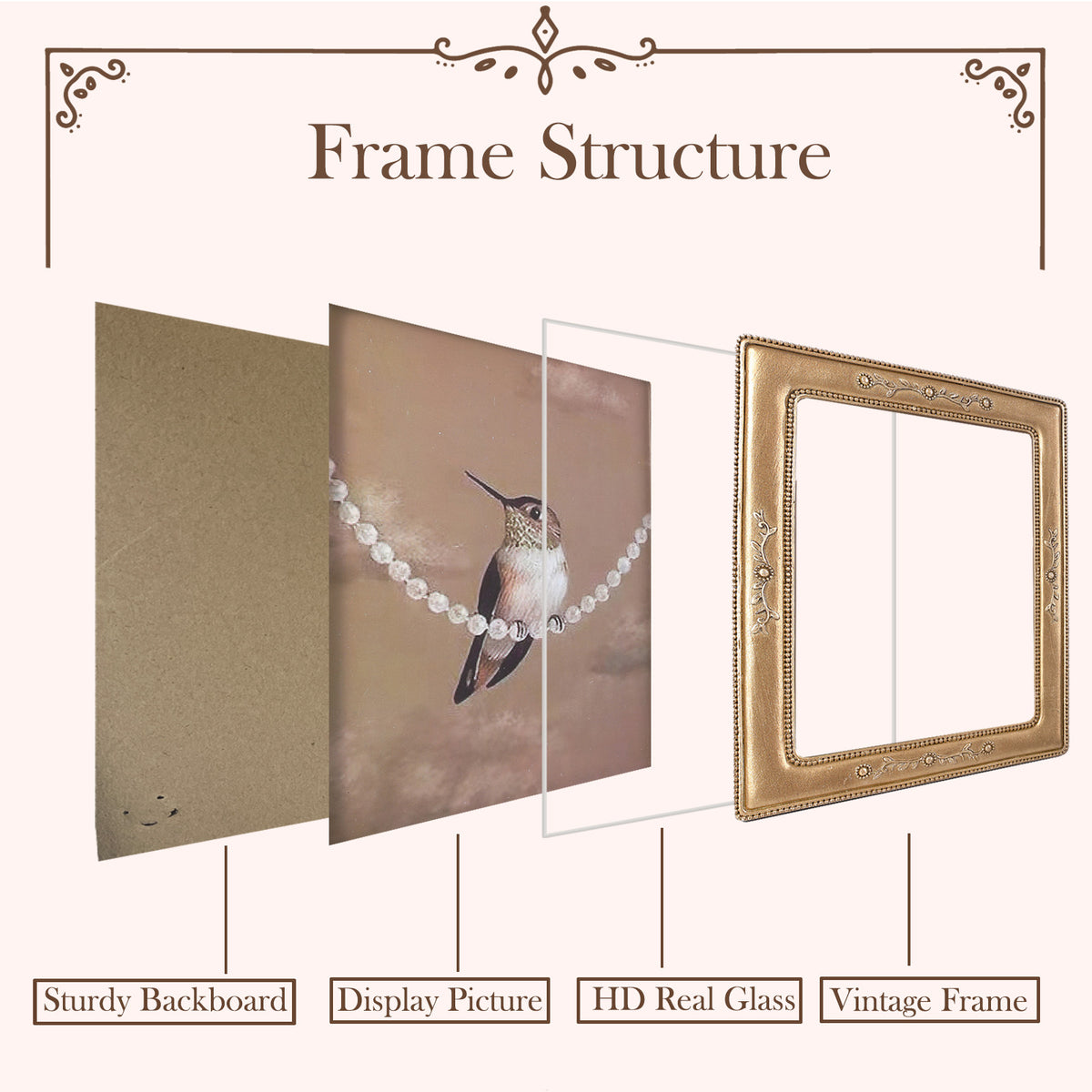 SIKOO Vintage Leaf Scroll-Carved Picture Frame with Hummingbird Art Print