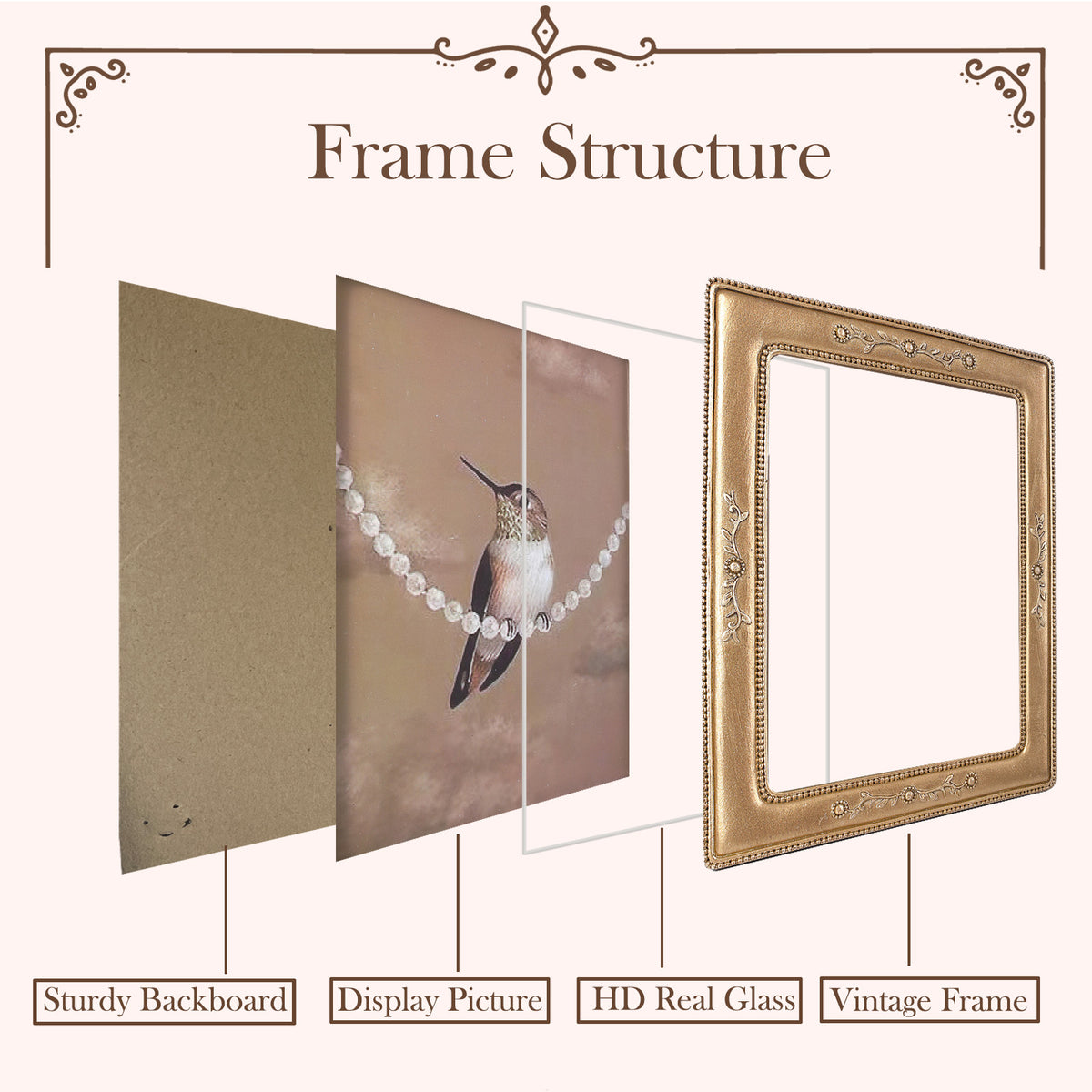 SIKOO Vintage Leaf Scroll-Carved Picture Frame with Hummingbird Art Print