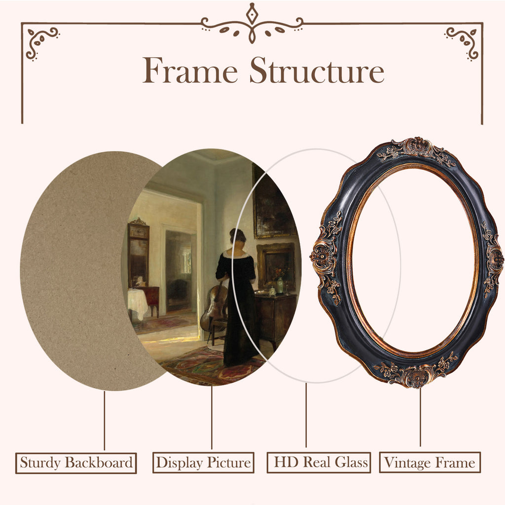 SIKOO Vintage Wavy Oval Floral-Carved Frame with Cello Lady Oil Painting Print