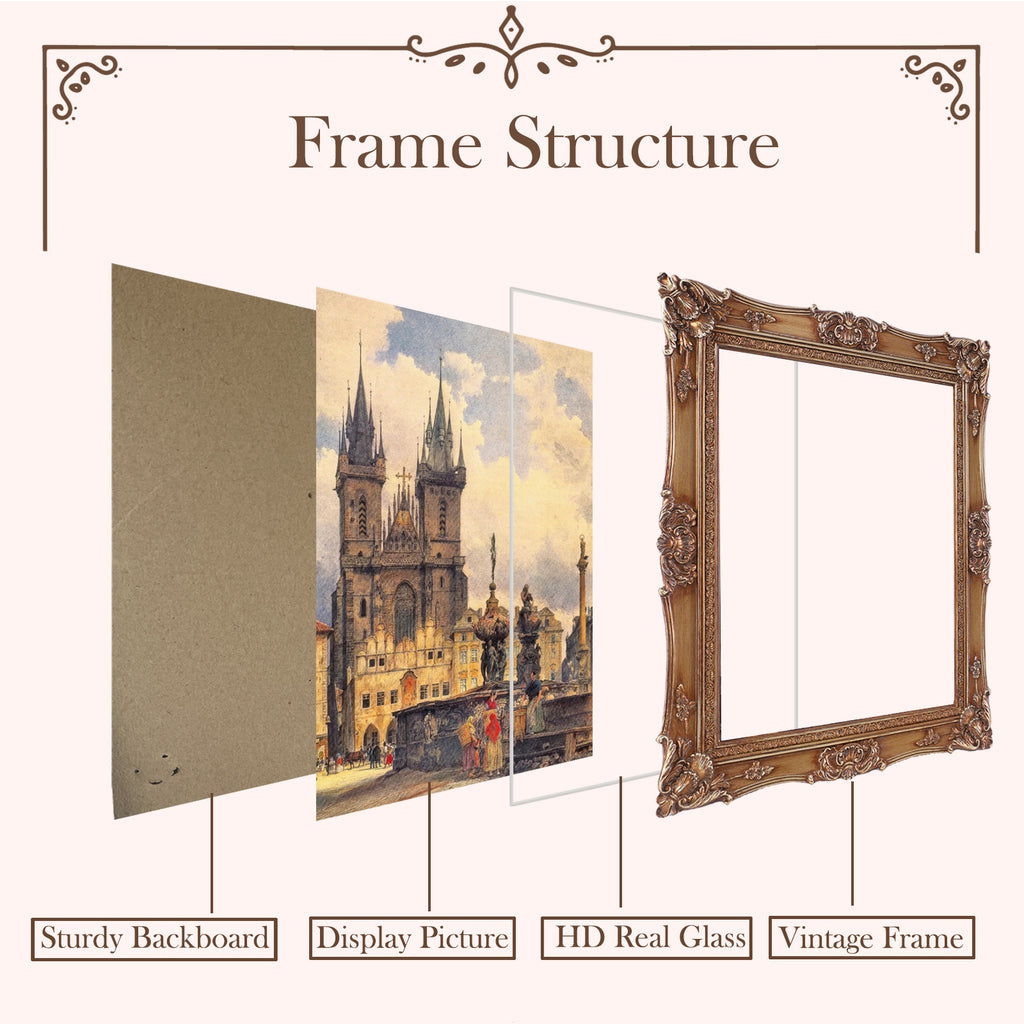 SIKOO Ornate Baroque Scroll-Carved Vintage Frame with Castle Oil Painting