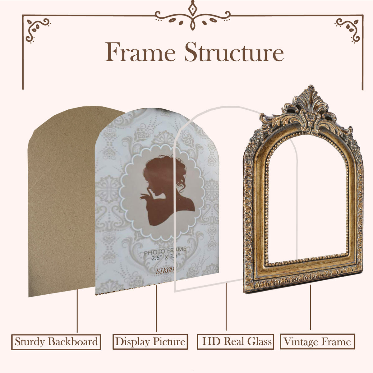 SIKOO Antique Distressed Ornate Floral Arch Picture Frame