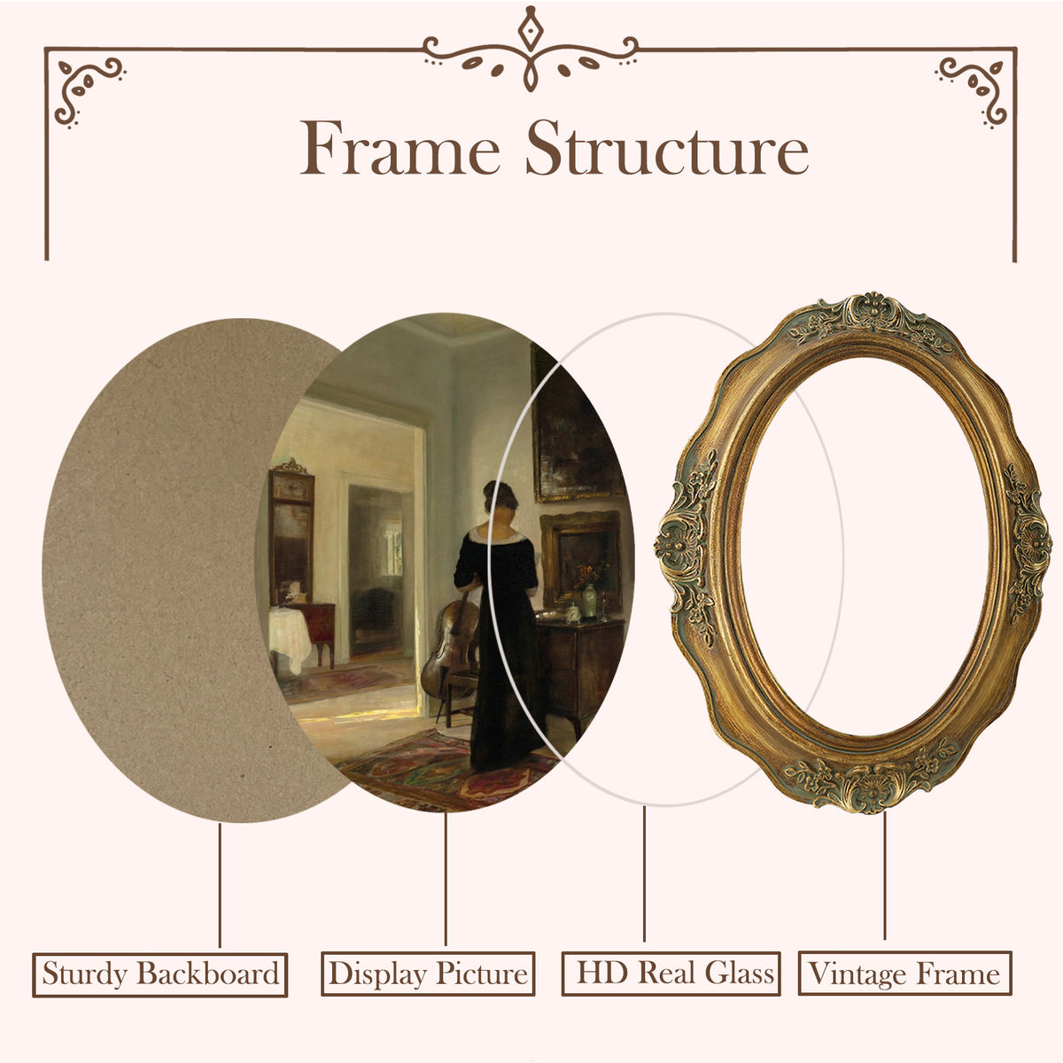 SIKOO Vintage Wavy Oval Floral-Carved Frame with Cello Lady Oil Painting Print