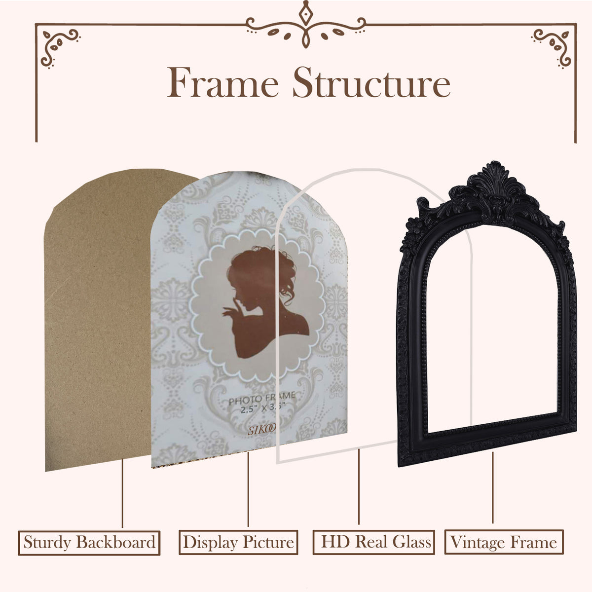 SIKOO Antique Distressed Ornate Floral Arch Picture Frame