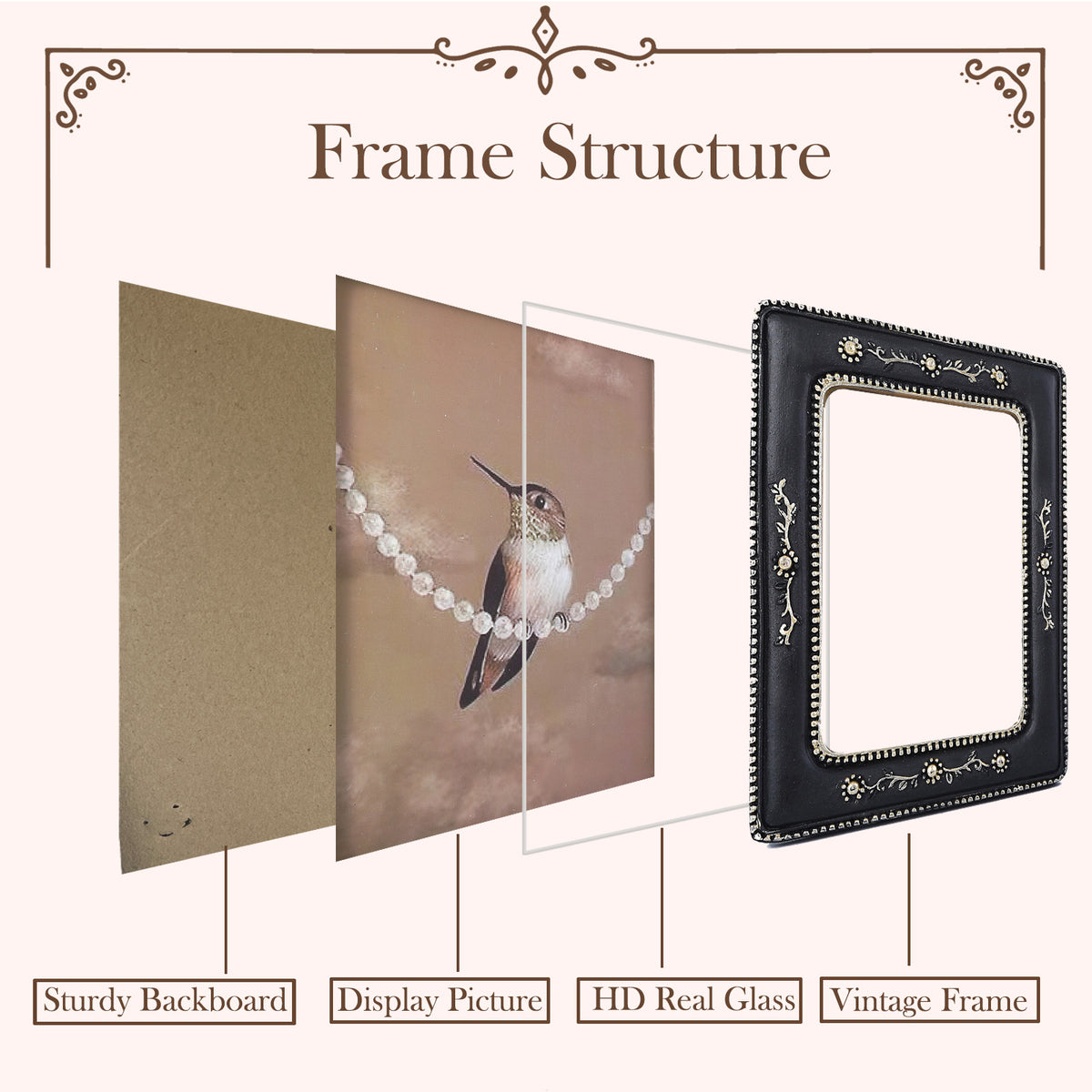 SIKOO Vintage Leaf Scroll-Carved Picture Frame with Hummingbird Art Print