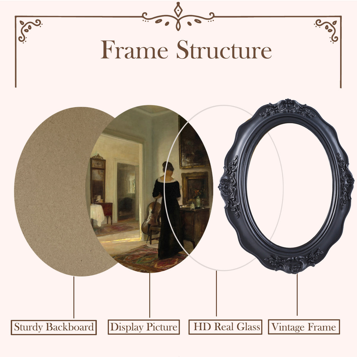SIKOO Vintage Wavy Oval Floral-Carved Frame with Cello Lady Oil Painting Print
